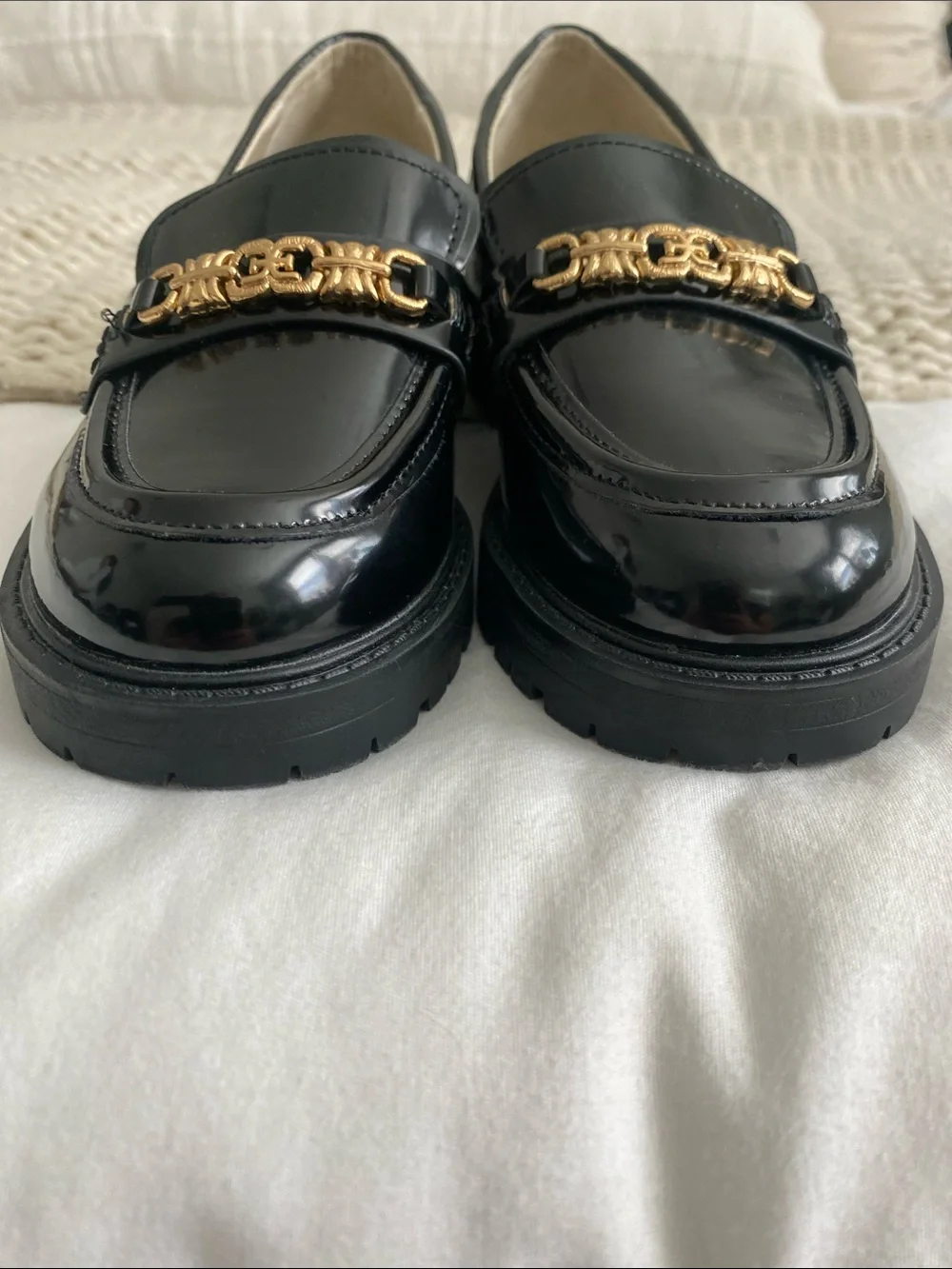 Sam Edelman Black Patent Loafers with Gold Chain Accent